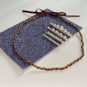 Anthropology Bundle Book Barrettes Brown Silk and Gold Headband Hair Accessories
